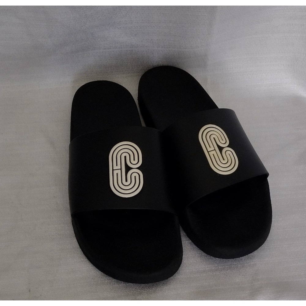Coach men black slip-on slide sandals featuring the signature "C" design, s-12